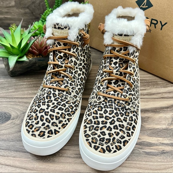 NIB Sperry Top Sider Crest Faux Fur High Top Sneaker Animal Print Tan 9M 40 - Picture 3 of 12
